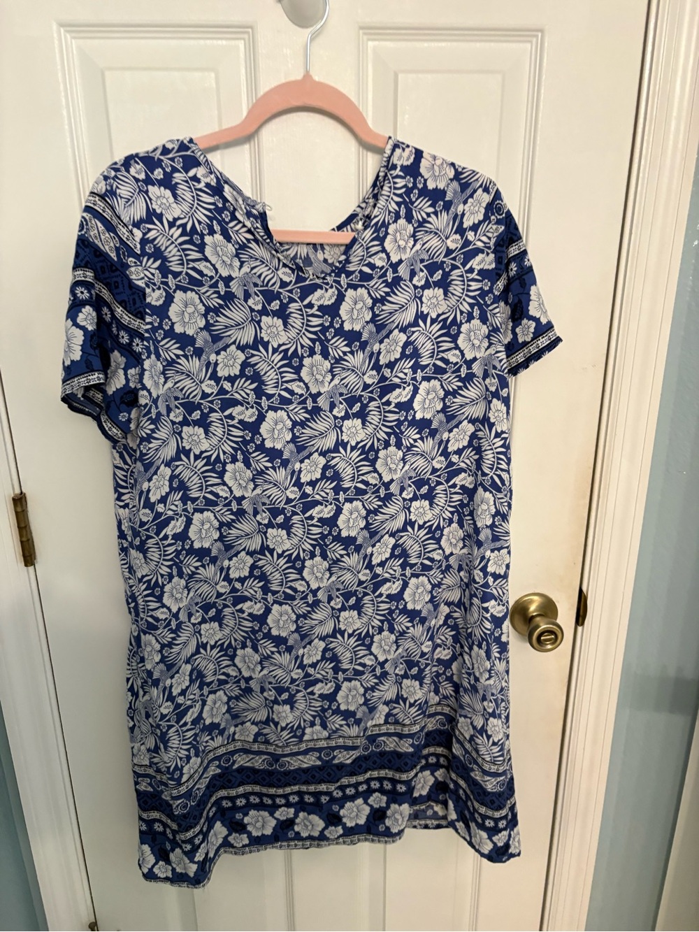 Emery Rose Blue White Floral Bird Border Print Shift Dress XL